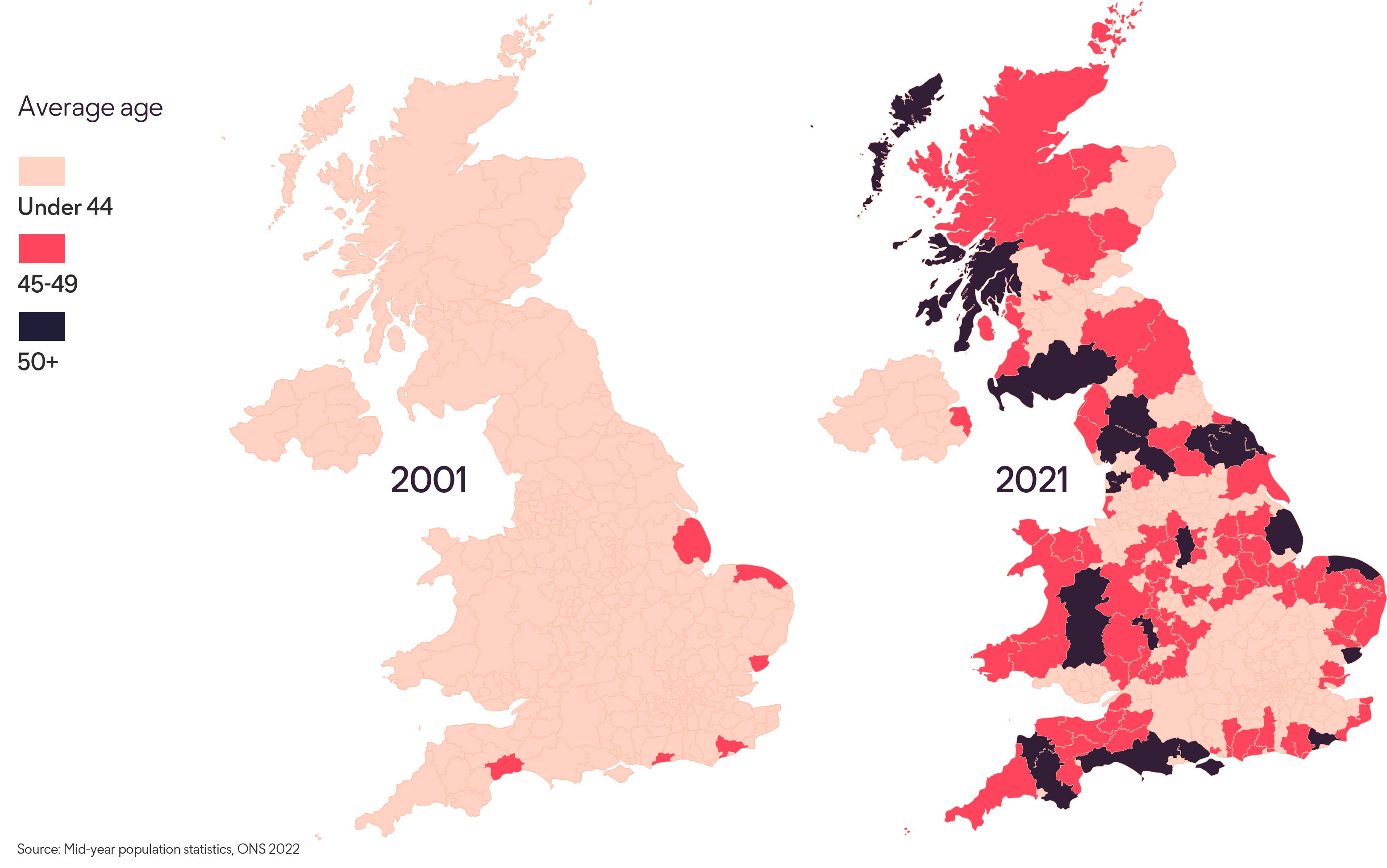 A map of the UK showing the increase in the number of people aged over 45 in local authorities